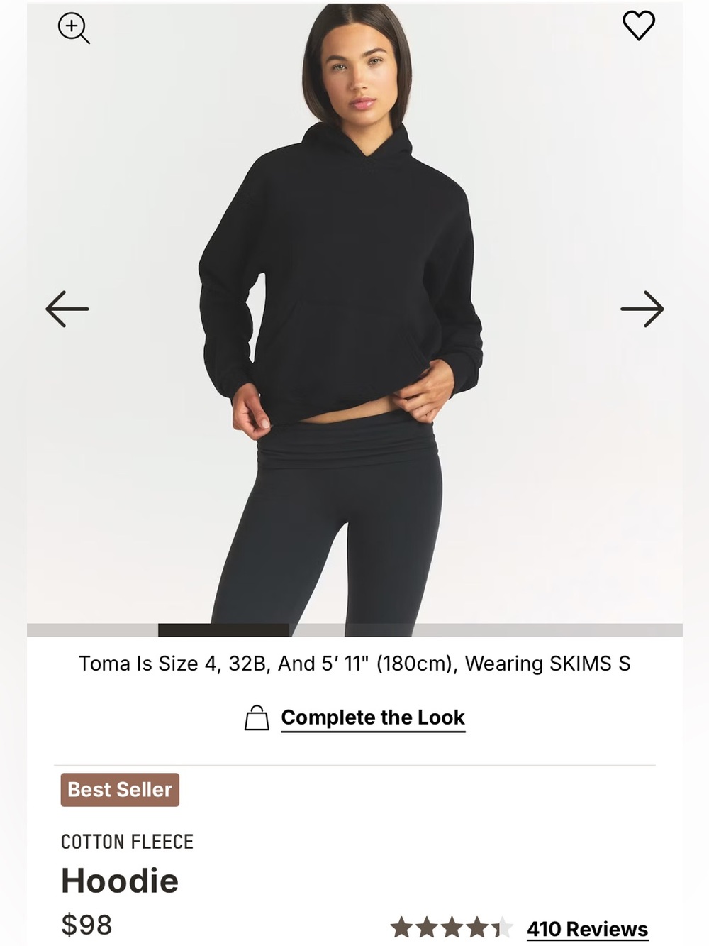 SKIMS Cotton Fleece Hoodie Pullover Sweater Small New W Tags! Onyx Black